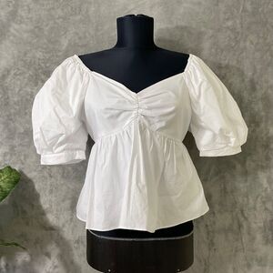 Anthropologie English Factory Puff Sleeve zip smocked blouse Top Small white
